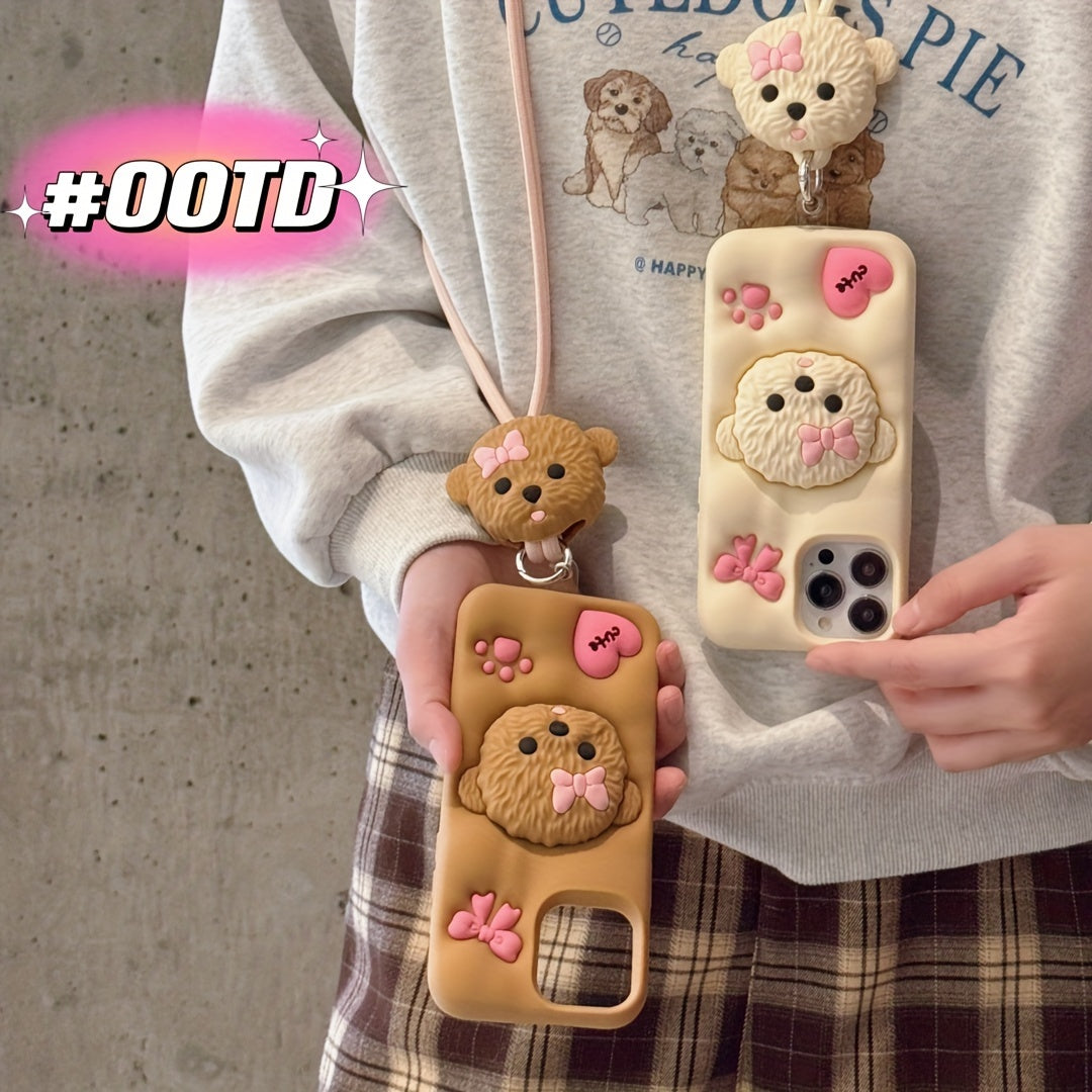 3D Teddy Dog Phone Case with Extendable Holder, Silicone Shockproof Protective Cover with Sculpture Design, Air Cushion Drop Protection, Compatible with iPhone 11 12 13 14 15 Pro Max Plus - Ideal for Easter, Valentine's Day,